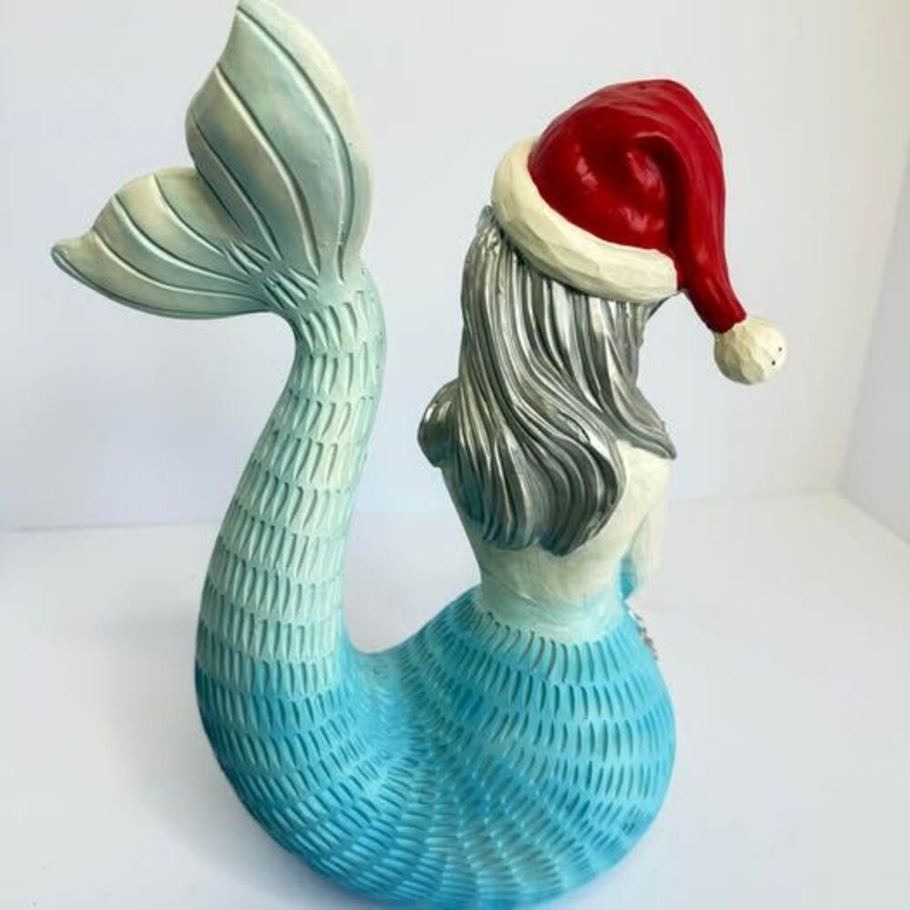 Christmas Coastal Mermaid Decor – Santa Hat – 16” Resin Figure - Picture 3 of 5